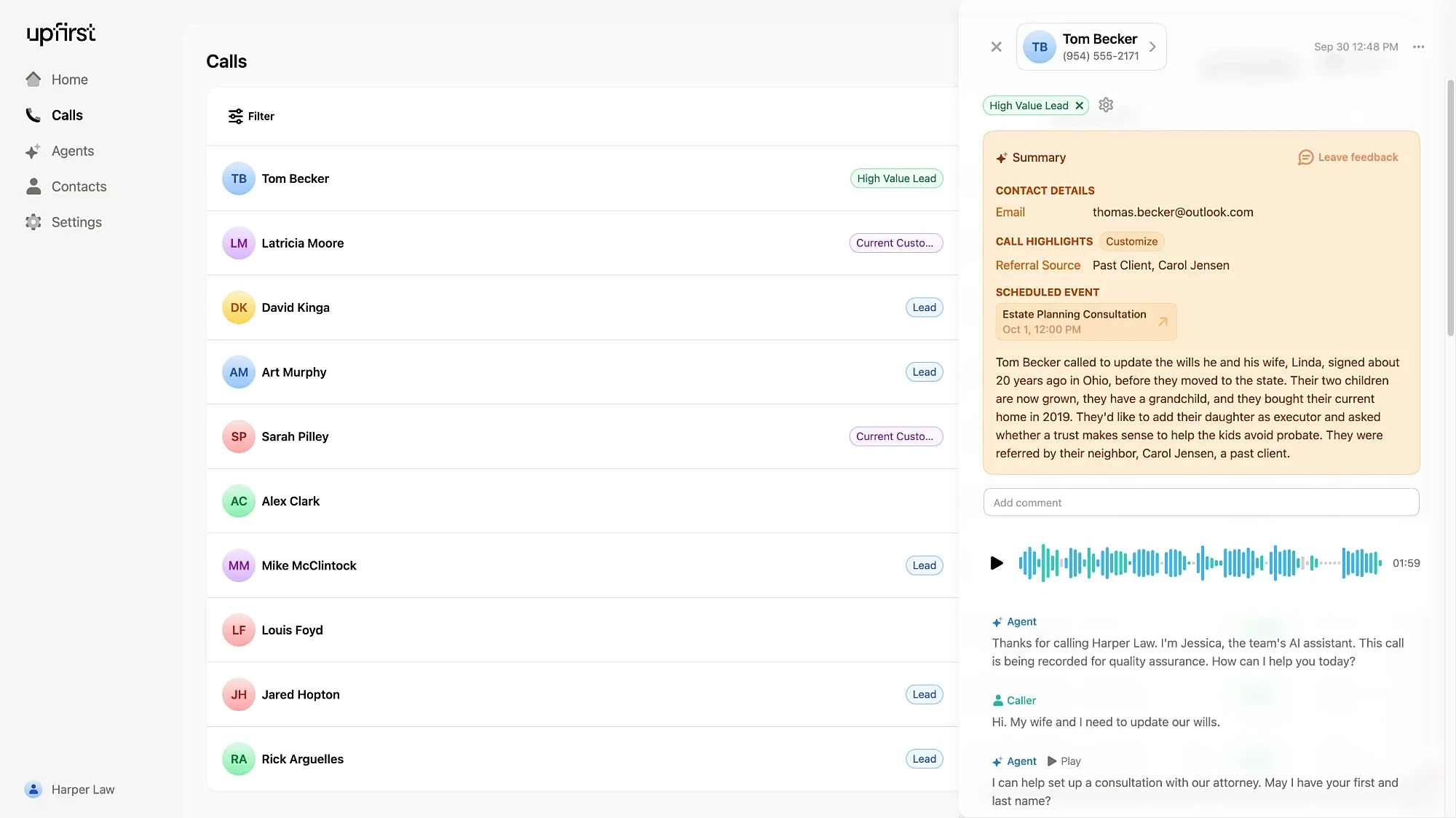 The Upfirst dashboard: a list of calls and a call with its summary, scheduled consultation, and transcript.